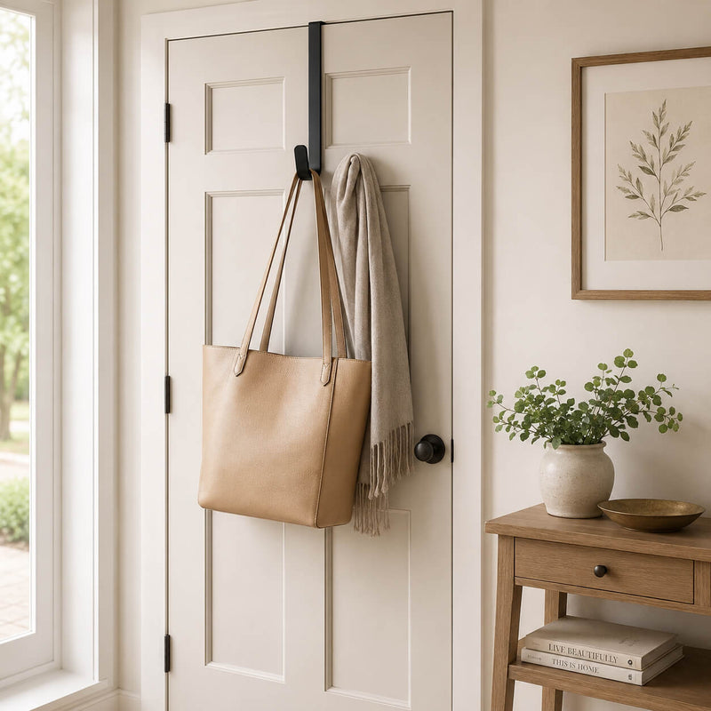 Black metal over the door hook holding a tan bag and scarf - thumbnail number 10