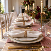 Elegantly set long banquet dining table with white napkins secured by natural lata rings - thumbnail number 6