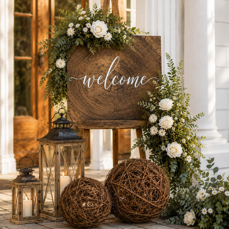 Grapevine topiary balls with a welcome sign, lanterns, and floral arrangements at an entrance - thumbnail number 3