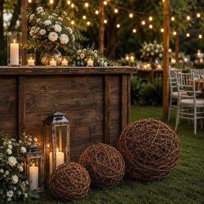 Grapevine topiary balls with lanterns and candles set up outside for an outdoor event - thumbnail number 4