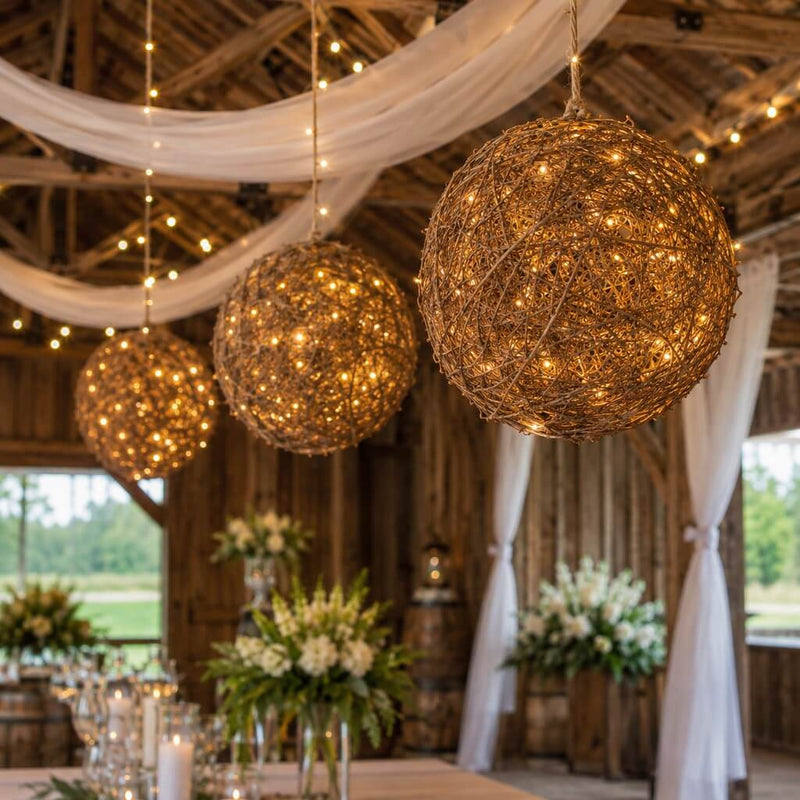Lit grapevine topiary balls hanging from the ceiling in a rustic venue - thumbnail number 5