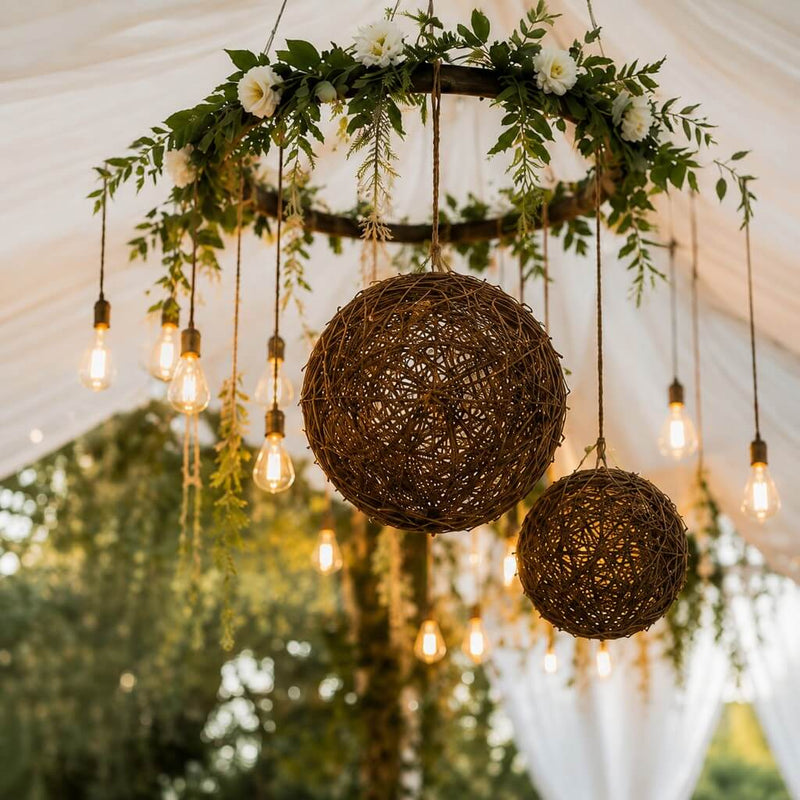 Grapevine topiary balls hanging with Edison bulbs from a floral hoop chandelier - thumbnail number 6