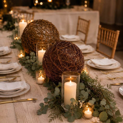 Grapevine topiary balls with candles and eucalyptus as a wedding table centerpiece - thumbnail number 7