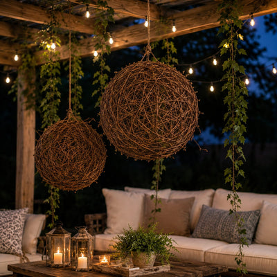 Grapevine topiary balls hanging on a patio at night with string lights and lanterns - thumbnail number 9