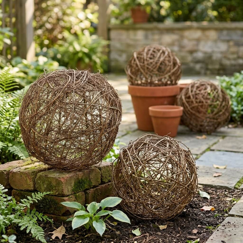 Grapevine topiary balls displayed in a garden among terra cotta pots and brick pavers - thumbnail number 10