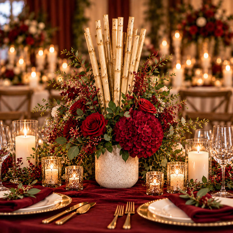 Natural 24in bamboo poles styled in a red floral centerpiece on a holiday banquet table - thumbnail number 2