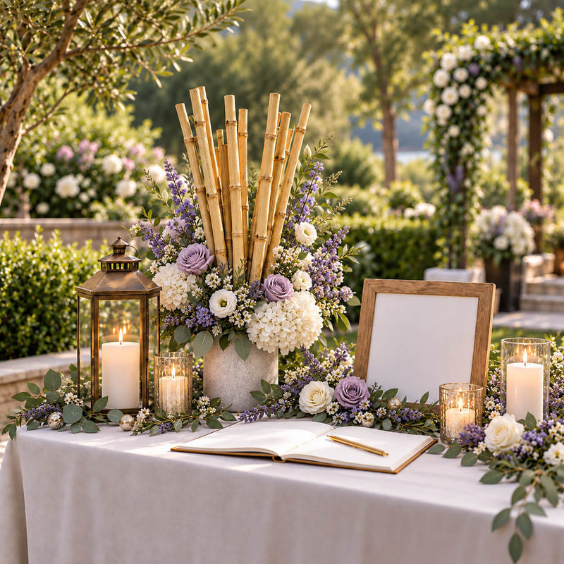 Natural 24" bamboo poles styled in a floral arrangement on a wedding guestbook table - thumbnail number 3