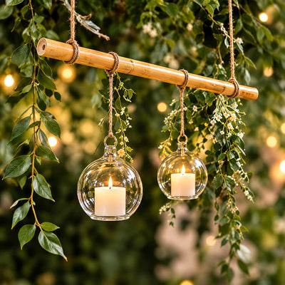 Natural 24" bamboo pole holding hanging glass globe candle holders - thumbnail number 4
