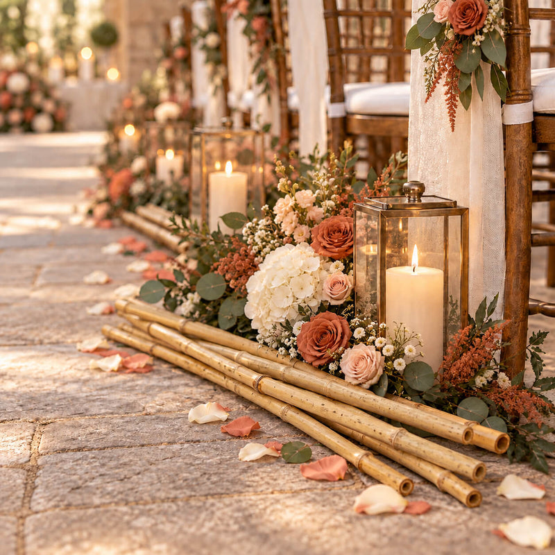Natural bamboo poles lining a wedding aisle with florals and candles - thumbnail number 5