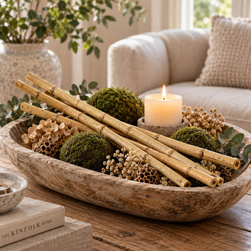 Natural 24" bamboo poles styled in a wooden decorative bowl with moss and a candle - thumbnail number 7