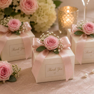Pink preserved rose favor boxes with bows and "Thank You" tags on a table - thumbnail number 2