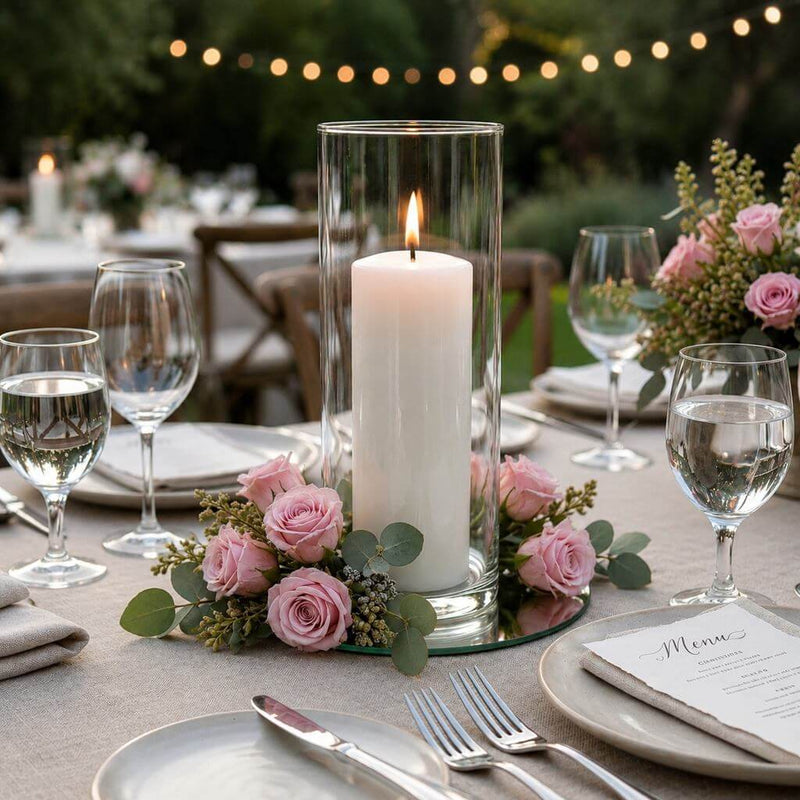 Pink preserved roses encircling a pillar candle in a glass cylinder centerpiece - thumbnail number 4