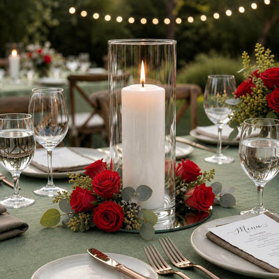 Red preserved roses surround a candle in a glass cylinder - thumbnail number 3