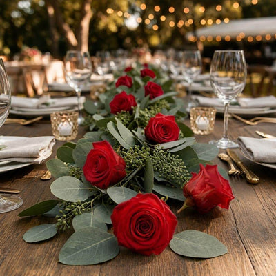 Red preserved roses and eucalyptus leaves form a table runner - thumbnail number 6