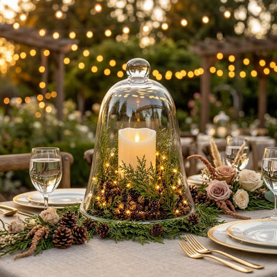 Glass cloche with lit candle, greenery, and tiny hemlock pine cones - thumbnail number 2
