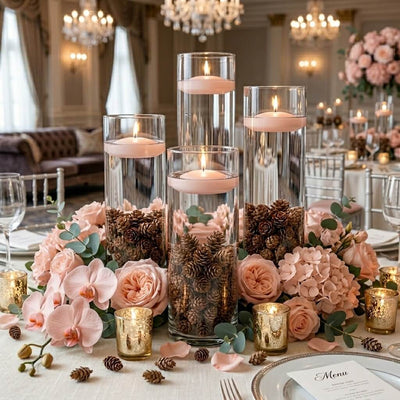 Floating candles in glass cylinders with pine cones and blush flowers - thumbnail number 4
