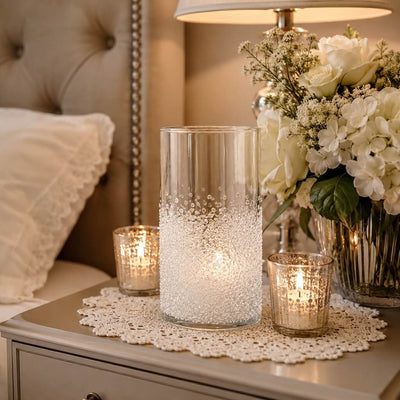 Glass cylinder decorated with German glass glitter and a candle on a nightstand - thumbnail number 11