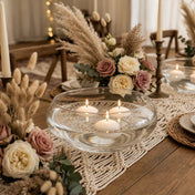 Floating white candles in the Lily Bowl 12" on a boho macrame runner with florals - thumbnail number 6