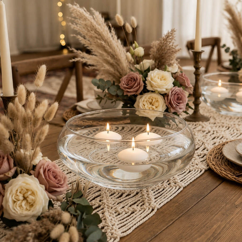 Floating white candles in the Lily Bowl 12" on a boho macrame runner with florals - thumbnail number 6