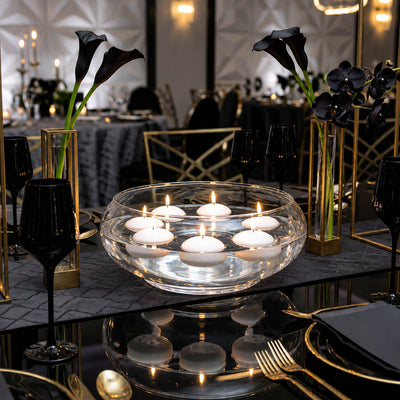 Floating white candles in the Lily Bowl 12" on a black-tie gala tablescape - thumbnail number 5