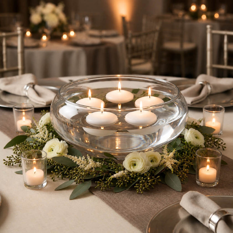 Floating white candles in the Lily Bowl 12" on a classic wedding tablescape with greenery - thumbnail number 4