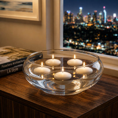 Floating white candles in the Lily Bowl 12" on a wooden table with a city view - thumbnail number 7
