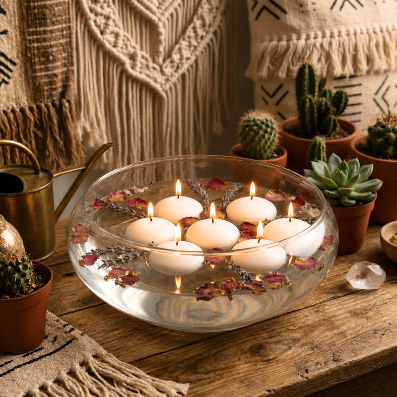 Floating white candles in the Lily Bowl 12" on a rustic table with southwestern decor - thumbnail number 8