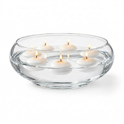 Floating lit white candles in the Lily Bowl 12" isolated on a solid white background - thumbnail number 3