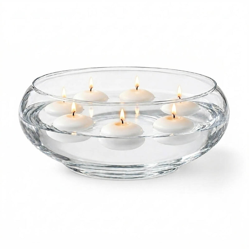 Floating lit white candles in the Lily Bowl 12" isolated on a solid white background - thumbnail number 3