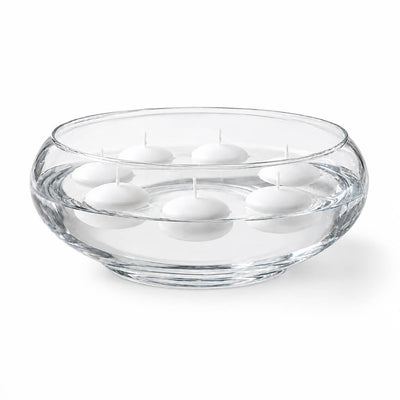 Floating unlit white candles in the Lily Bowl 12" isolated on a solid white background - thumbnail number 2