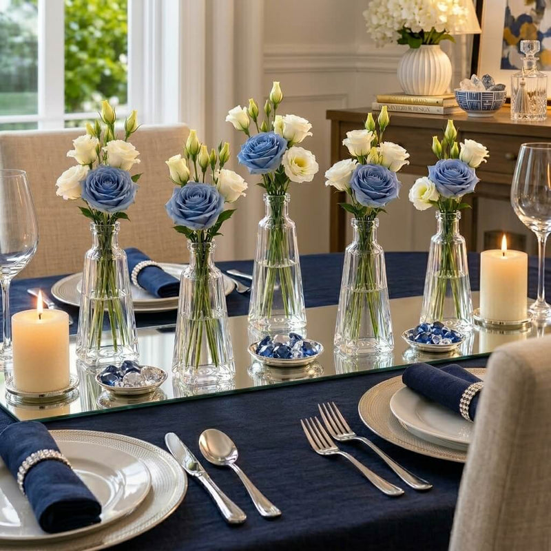 6 oz. pyramid glass bottles with blue roses and white flowers on a dining table - thumbnail number 7