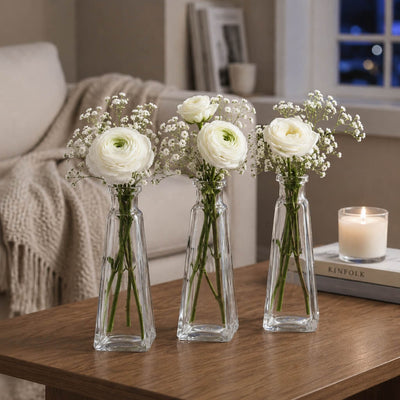 Three 6 oz. pyramid glass bottles with white ranunculus and baby's breath - thumbnail number 6