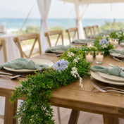9ft faux boxwood garland with blue flowers on an outdoor beach wedding table centerpiece - thumbnail number 2