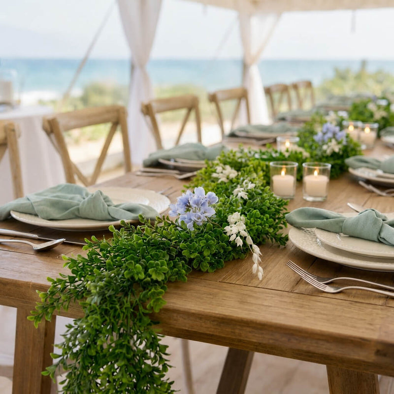 9ft faux boxwood garland with blue flowers on an outdoor beach wedding table centerpiece - thumbnail number 2