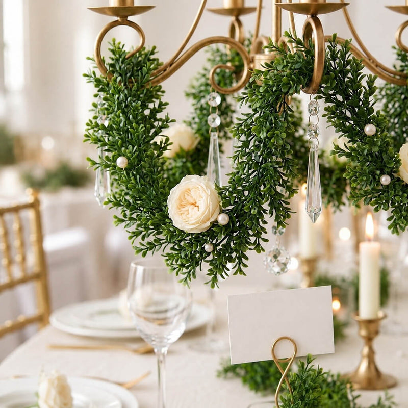 9ft faux boxwood garland wrapped around a chandelier with white roses and crystals - thumbnail number 4