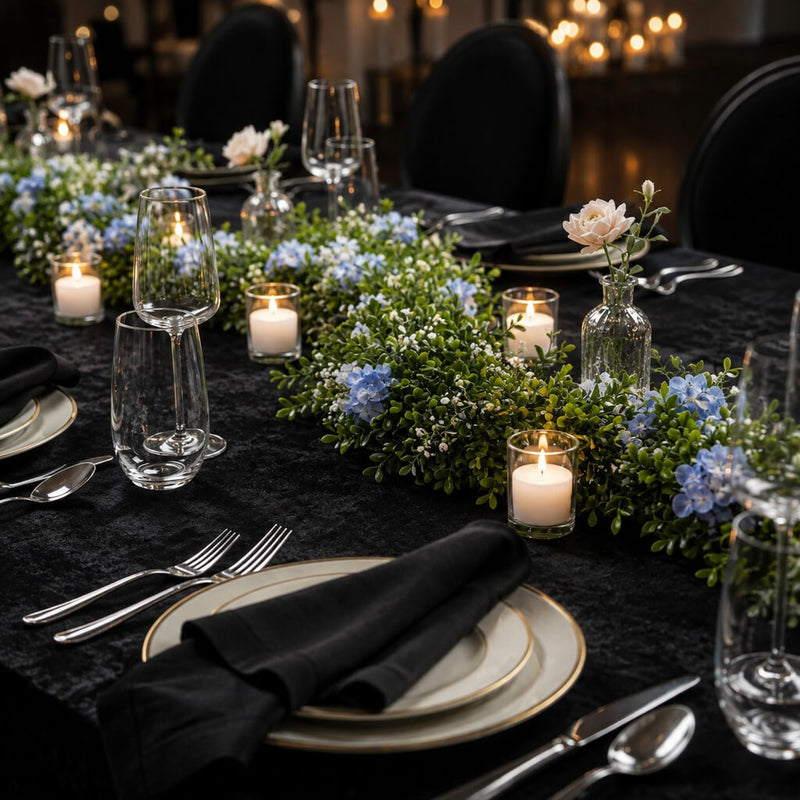9ft faux boxwood garland with blue flowers and votive candles on a black tablecloth - thumbnail number 5