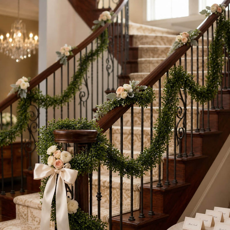 9ft faux boxwood garland draped along a staircase railing with peach roses and a white bow - thumbnail number 6