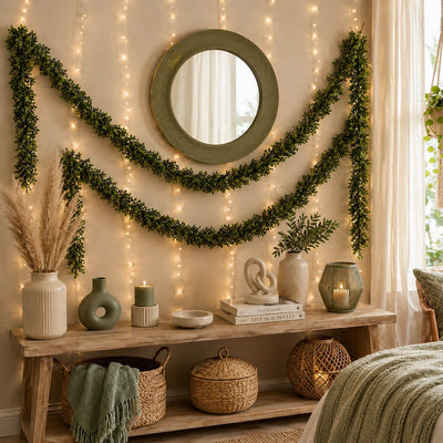 9ft faux boxwood garlands draped on a wall with fairy lights beneath a round mirror - thumbnail number 7