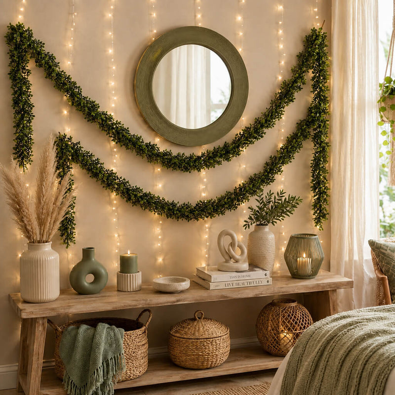 9ft faux boxwood garlands draped on a wall with fairy lights beneath a round mirror - thumbnail number 7
