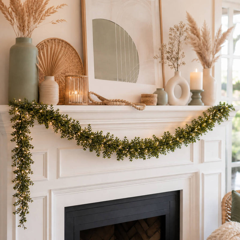 9ft faux boxwood garland draped across a mantelpiece with string lights - thumbnail number 8