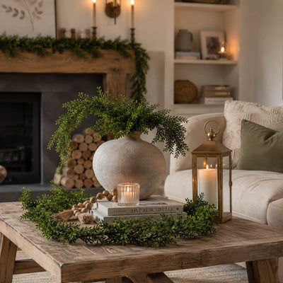 9ft faux boxwood garland arranged on a coffee table around a vase and candle - thumbnail number 9