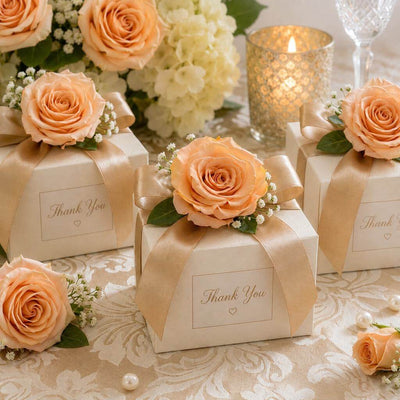 Small white favor boxes decorated with peach preserved roses and satin ribbon - thumbnail number 3
