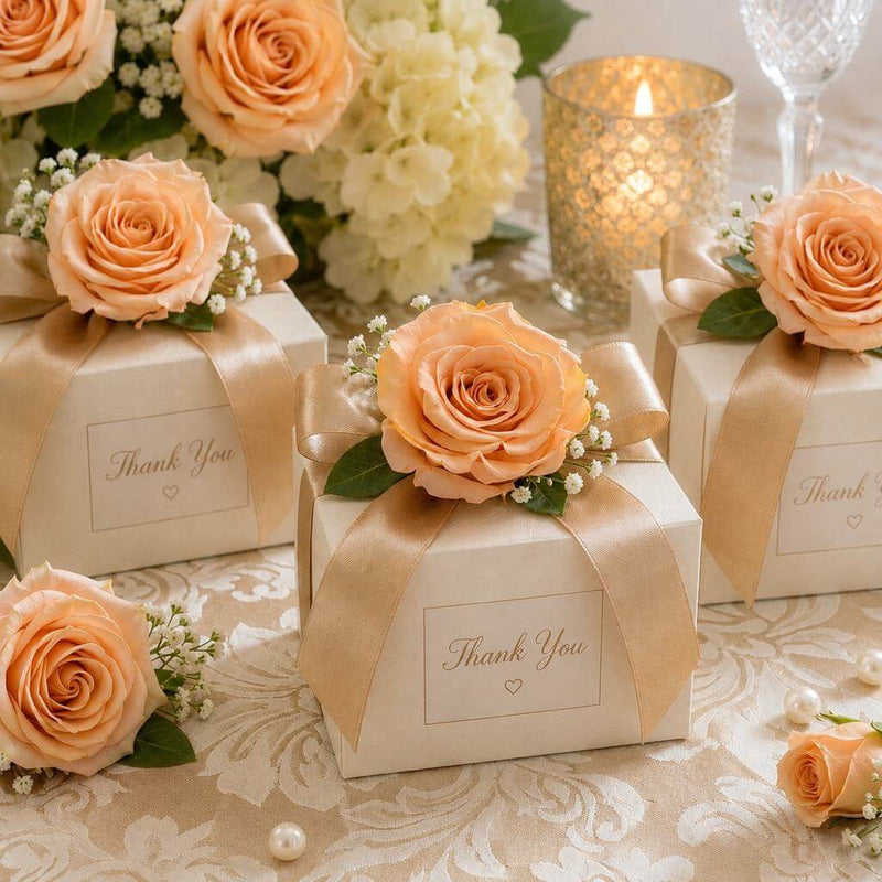 Small white favor boxes decorated with peach preserved roses and satin ribbon - thumbnail number 3