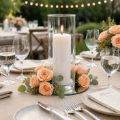 Peach preserved roses surround a candle in a glass cylinder - thumbnail number 4