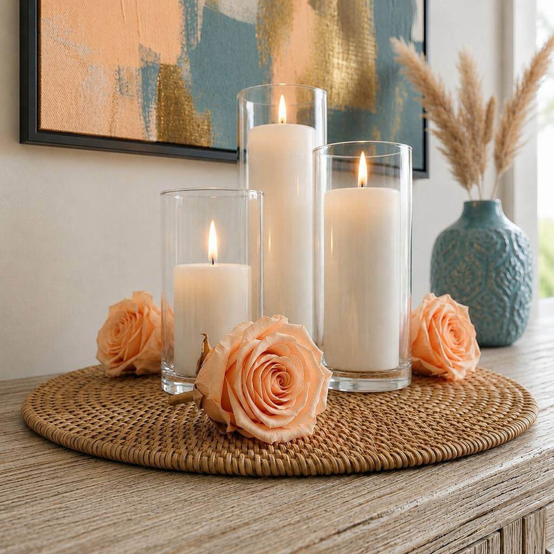 Peach preserved roses surround three cylinder candles on a woven tray - thumbnail number 7