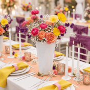 White flower market bucket filled with colorful spring flowers on a wedding table - thumbnail number 2