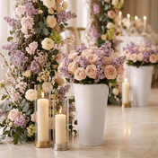White flower market bucket filled with pink roses and purple flowers - thumbnail number 4