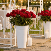 White flower market bucket filled with red roses next to candles - thumbnail number 3