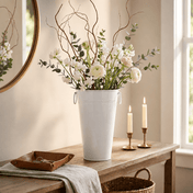 White flower market bucket filled with white florals and branches on a console table - thumbnail number 6