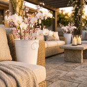 White flower market bucket filled with orchids and cherry blossoms on an outdoor patio - thumbnail number 7